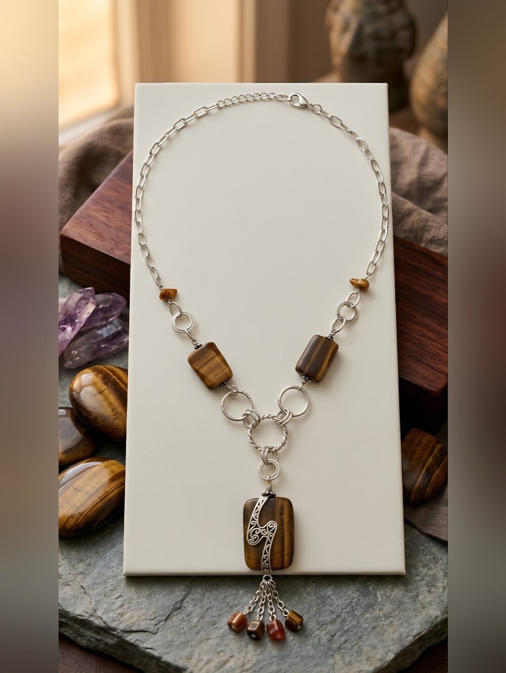 Artisan Tiger's Eye Gemstone Link Necklace w/ Filigree Scroll Pendant Clustered
